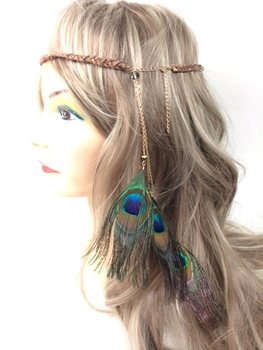 Pletena Traka za Kosu Smeđa s Paunovim Perjem | Ibiza Boho Stil (1 kom)